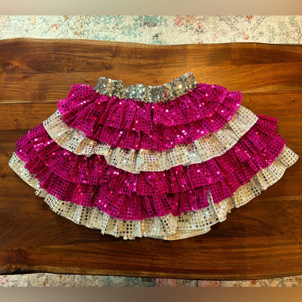 Sequined layered dance skirt with shorts hot pink/silver stretch Medium